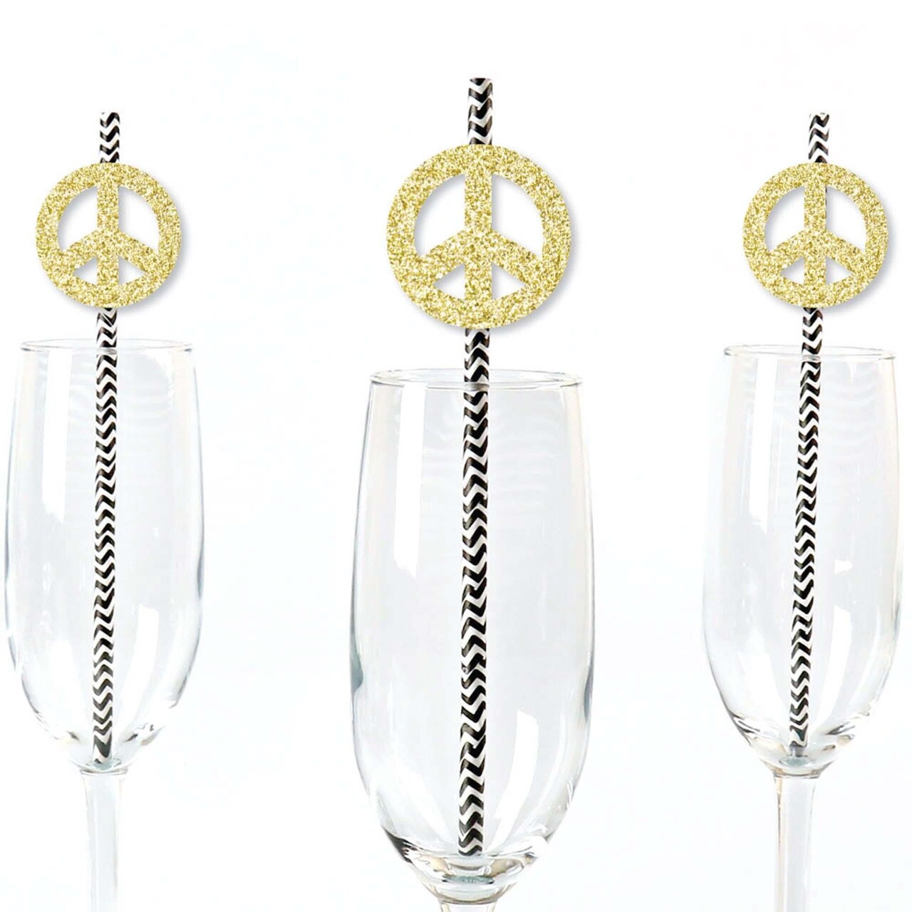 Big Dot of Happiness Gold Glitter Peace Sign Party Straws - No-Mess Real Gold Glitter Cut-Outs & Decorative 60's Hippie Party Paper Straws - Set of 24